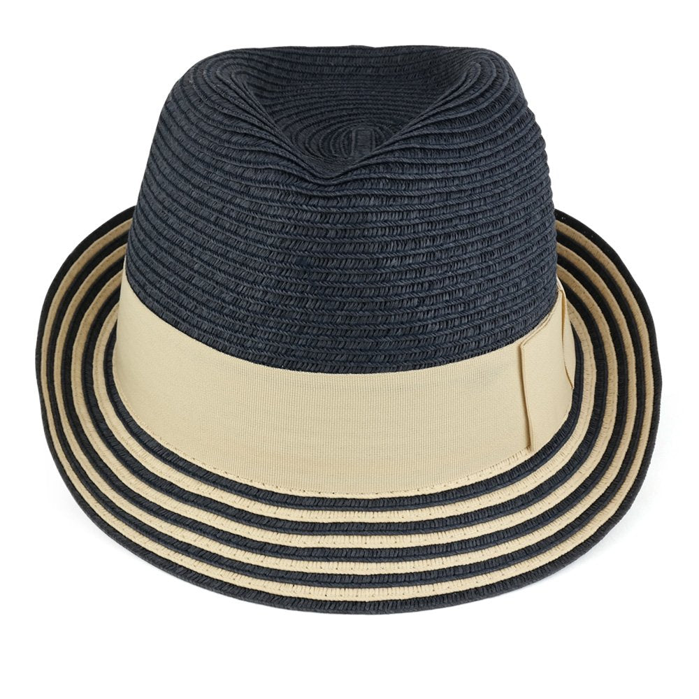 Trendy Apparel Shop Ladies Stylish Striped Brim Paper Braid Fedora with Hat Band