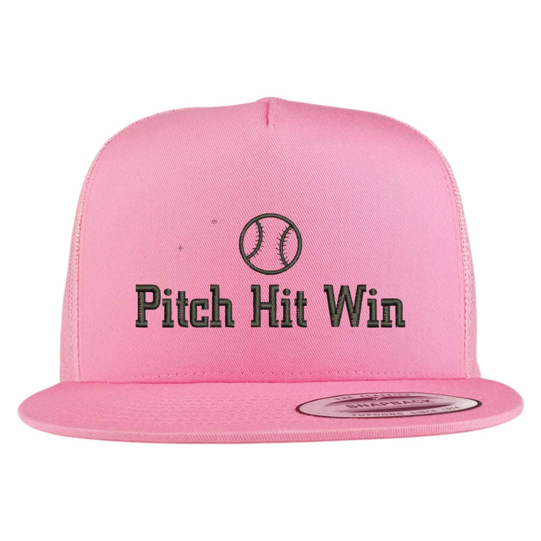Trendy Apparel Shop Pitch Hit Win Embroidered 5 Panel Flatbill Trucker Mesh Cap