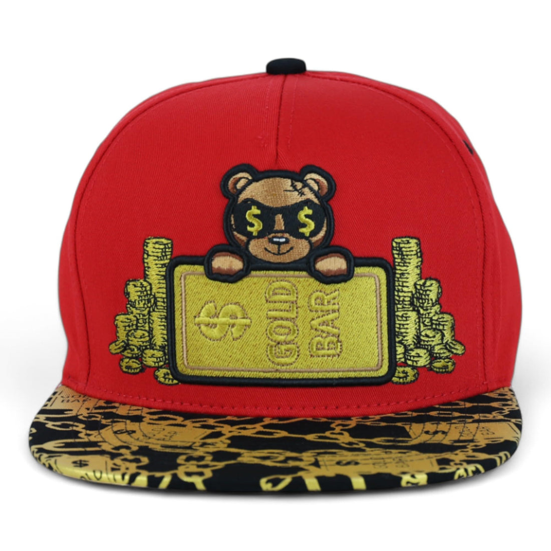 Trendy Apaprel Shop 5 Panel Bear Money Design Embroidered Flatbill Snapback Cap