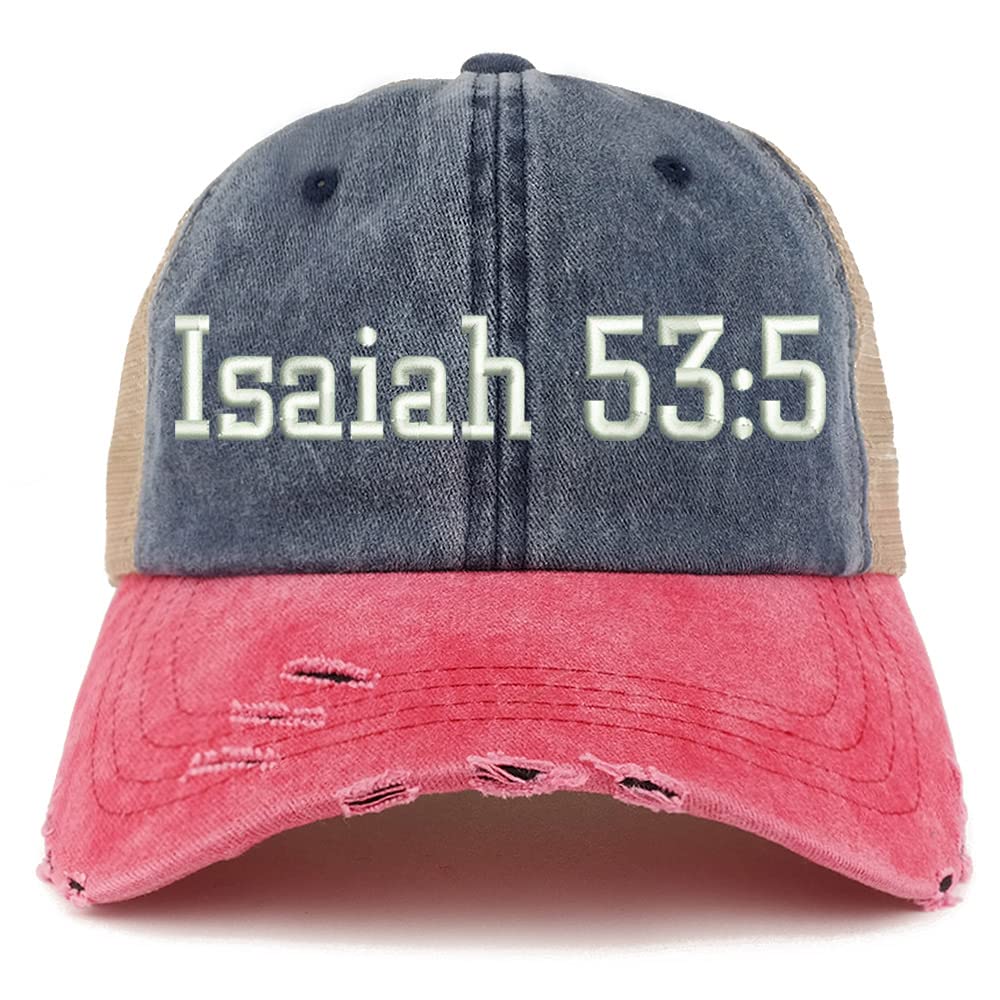 Trendy Apparel Shop Isaiah 53:5 Frayed Bill Trucker Mesh Back Cap