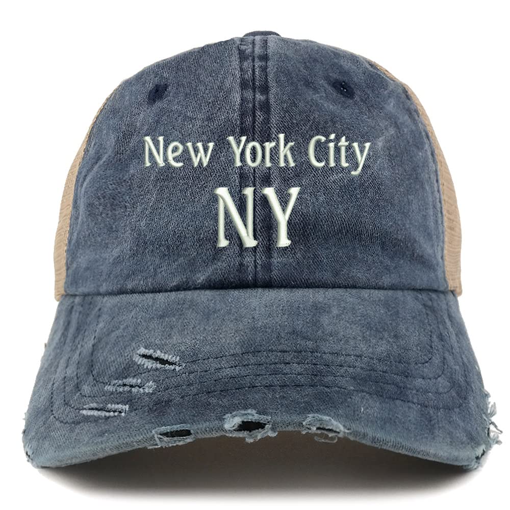 Trendy Apparel Shop New York City NY Embroidered Frayed Bill Trucker Mesh Back Cap
