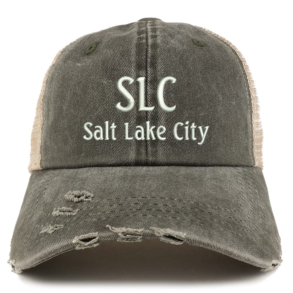 Trendy Apparel Shop SLC Salt Lake City Embroidered Frayed Bill Trucker Mesh Back Cap