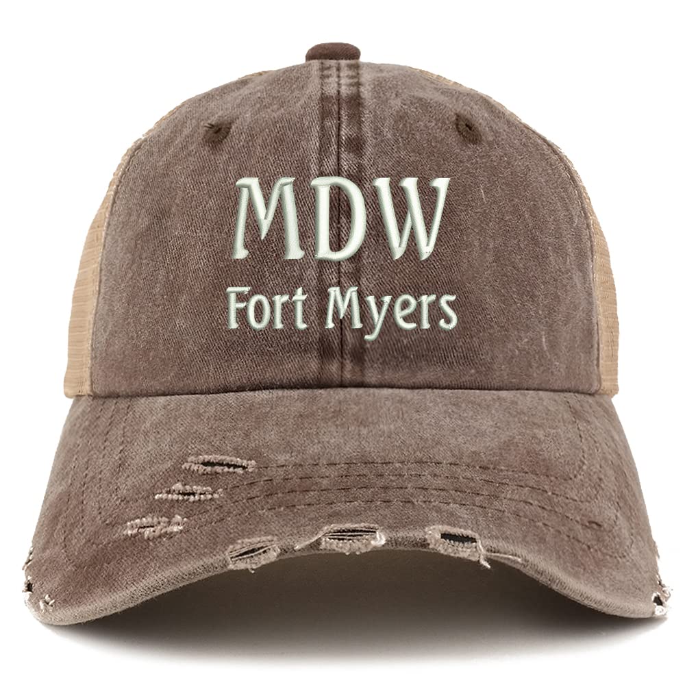 Trendy Apparel Shop MDW Fort Myers Embroidered Frayed Bill Trucker Mesh Back Cap