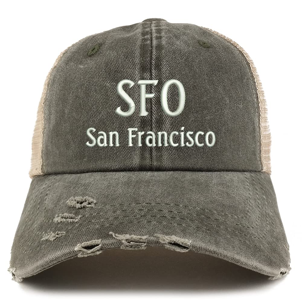 Trendy Apparel Shop SFO San Francisco Embroidered Frayed Bill Trucker Mesh Back Cap