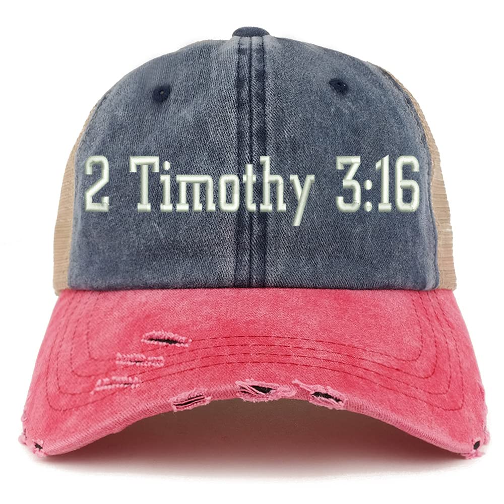 Trendy Apparel Shop 2 Timothy 3:16 Frayed Bill Trucker Mesh Back Cap