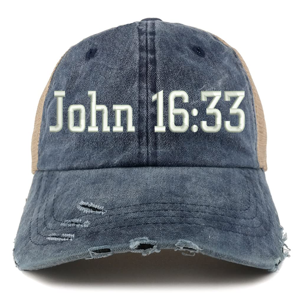Trendy Apparel Shop John 16:33 Frayed Bill Trucker Mesh Back Cap