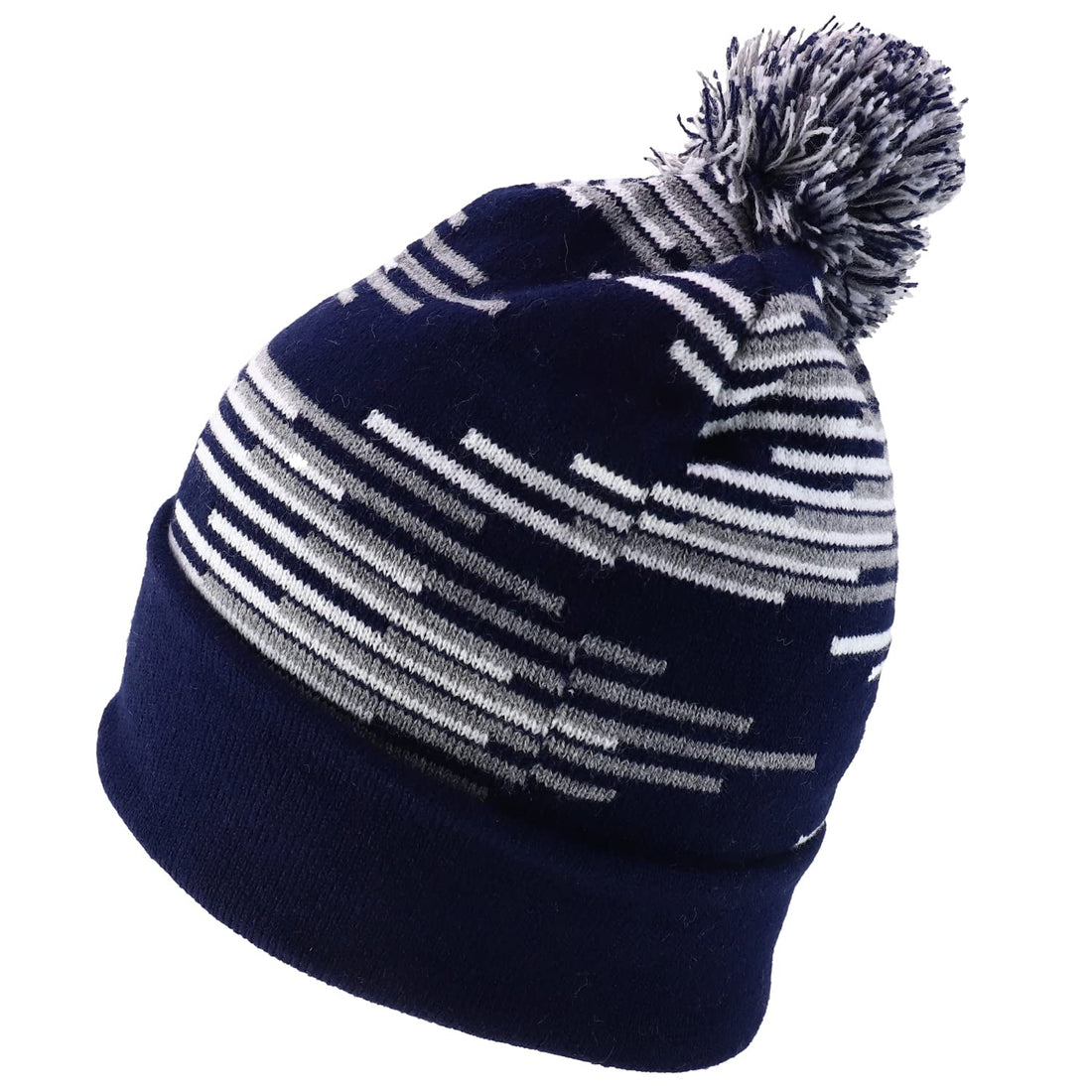 Trendy Apparel Shop Made in USA Staggered Bar Pattern Pom Pom Long Cuff Beanie