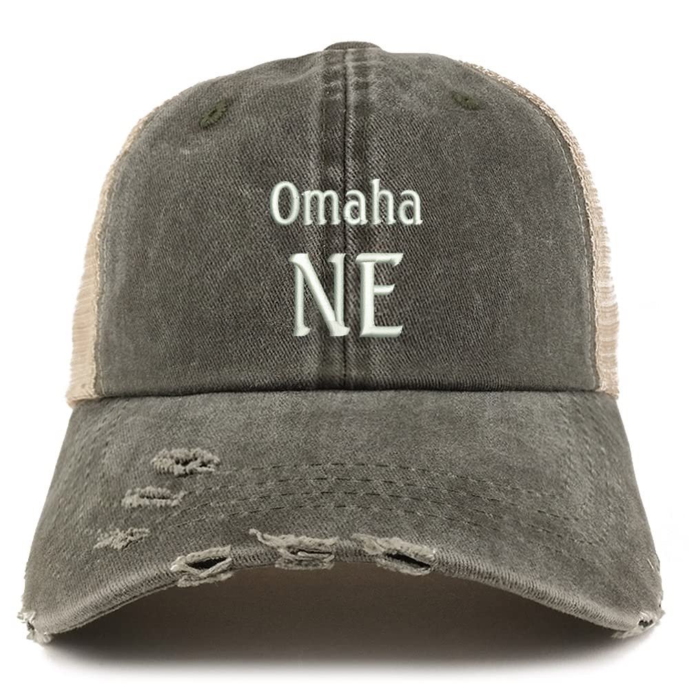 Trendy Apparel Shop Omaha NE Embroidered Frayed Bill Trucker Mesh Back Cap