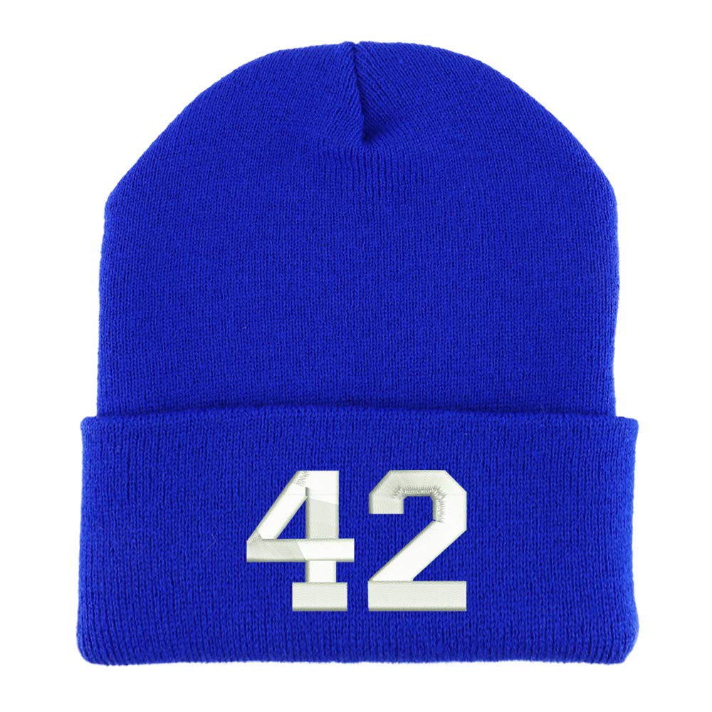 Trendy Apparel Shop Number 42 Collegiate Varsity Embroidered Made in USA Cuff Folded Acylic Knit Winter Beanie Hat