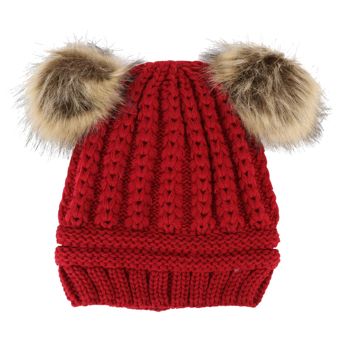 Trendy Apparel Shop Kid's Youth Size Girls Cable Knit Fur Pom Ears Beanie Hat