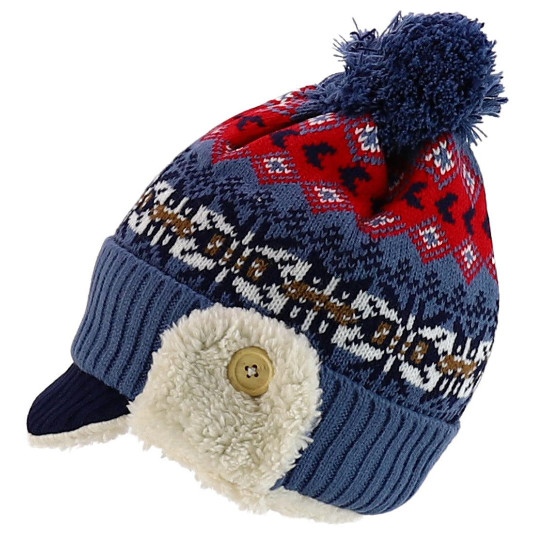 Trendy Apparel Shop Youth Size Kid's Warm Acrylic Brim Knit Winter Print Trapper Hat with Pom Pom