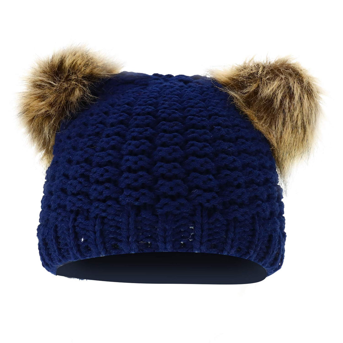 Trendy Apparel Shop Kid's Youth Size Girls Fur pom Ears Crochet Knit Beanie Hat