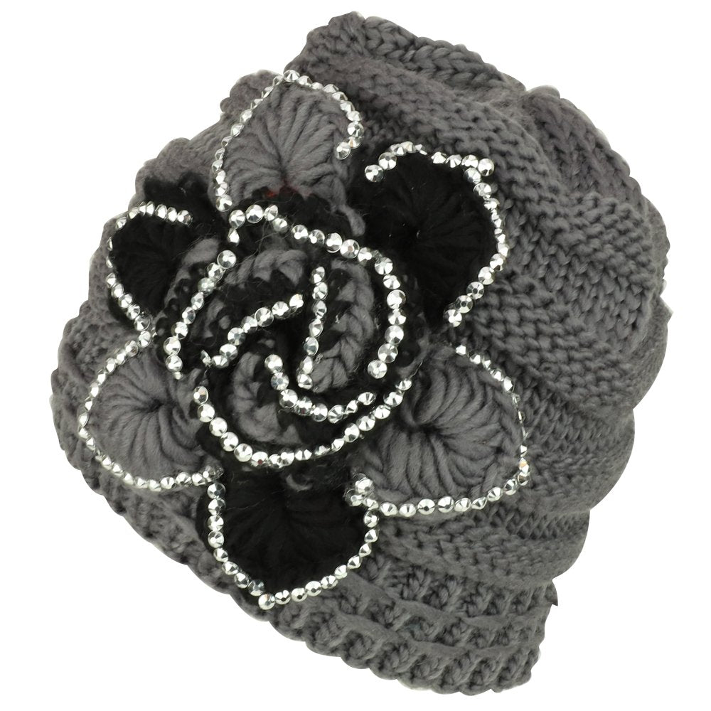 Trendy Apparel Shop Studded Floral Knitted Fleece Lined Beanie and Knit Scarf Set 2PC