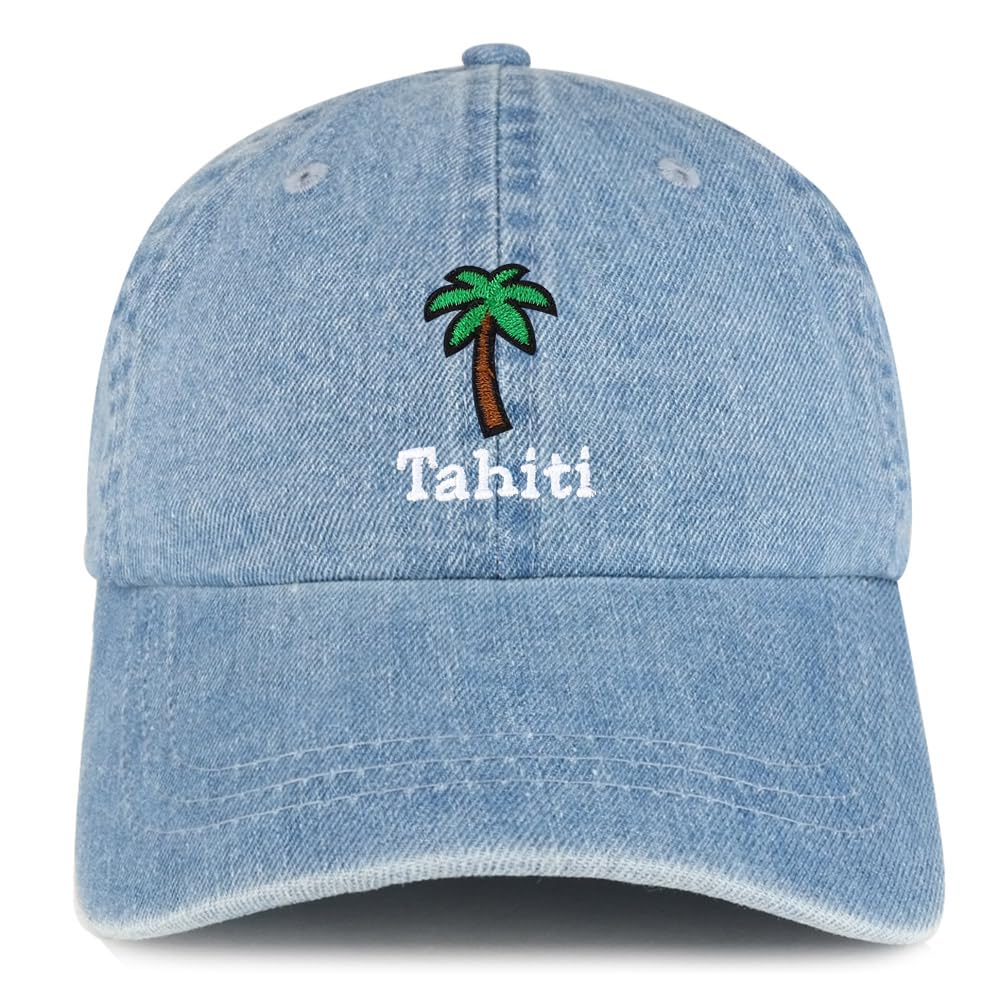 Trendy Apparel Shop Tahiti with Palm Tree Embroidered Cotton Denim Baseball Cap