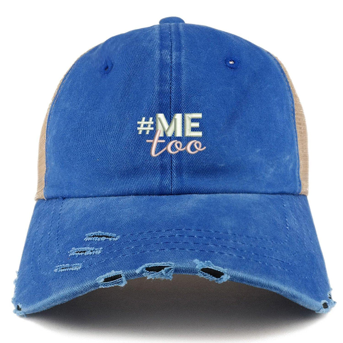 Trendy Apparel Shop #Me Too Movement Embroidered Frayed Bill Trucker Mesh Cap