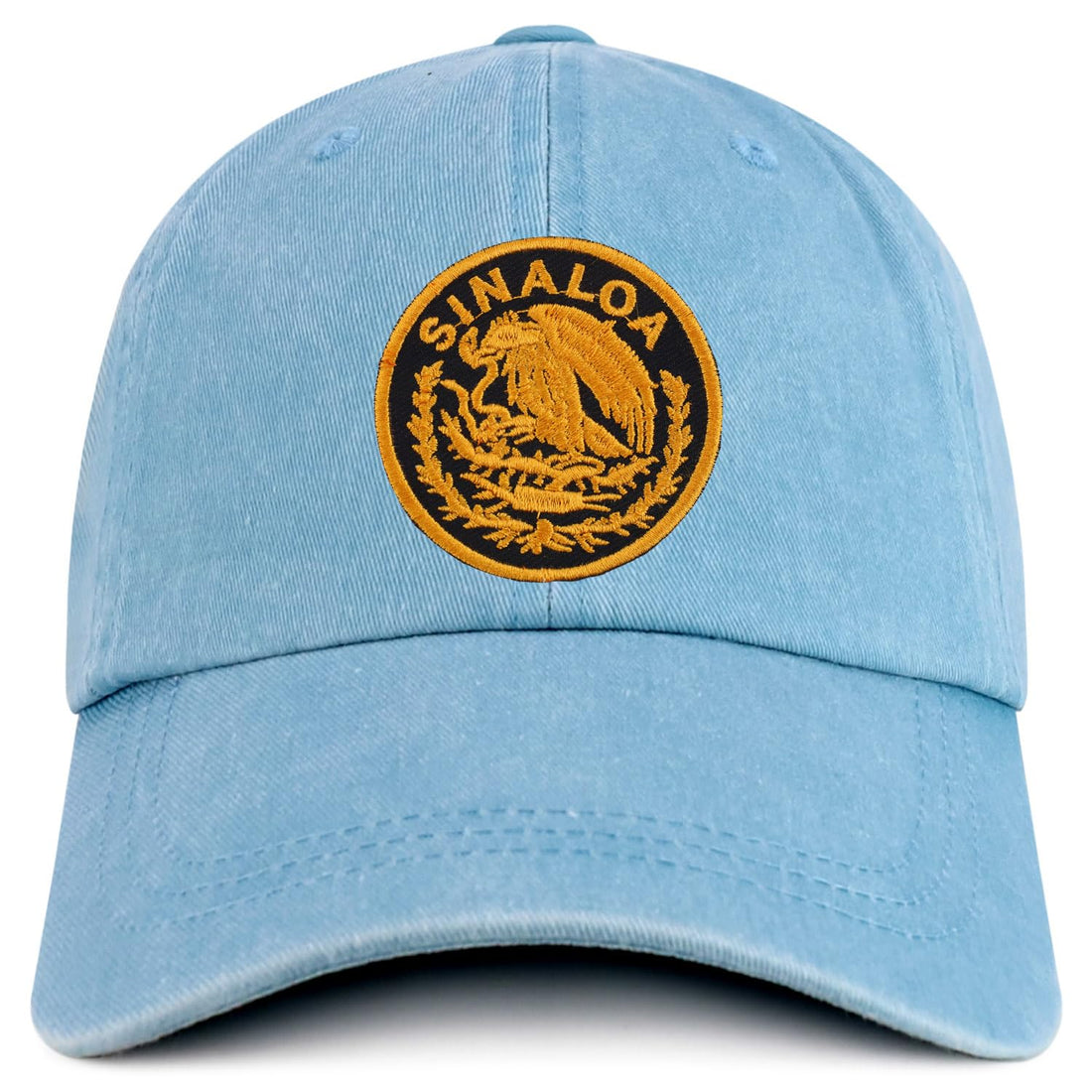 Trendy Apparel Shop Sinaloa Mexico Gold Embroidered Patch Pigment Dyed Washed Baseball Cap