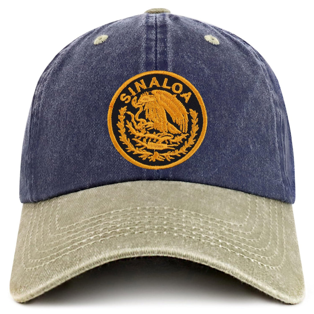 Trendy Apparel Shop Sinaloa Mexico Gold Embroidered Patch Pigment Dyed Washed Baseball Cap