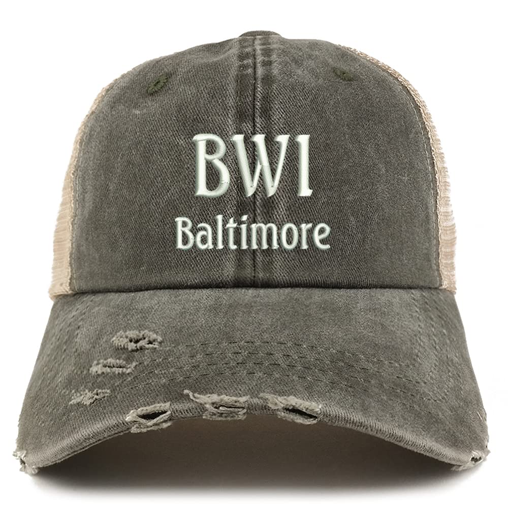 Trendy Apparel Shop BWI Baltimore Embroidered Frayed Bill Trucker Mesh Back Cap