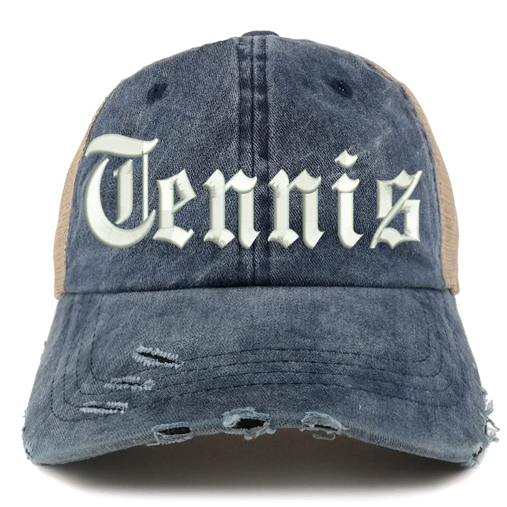 Trendy Apparel Shop Old English Tennis Frayed Bill Trucker Mesh Back Cap