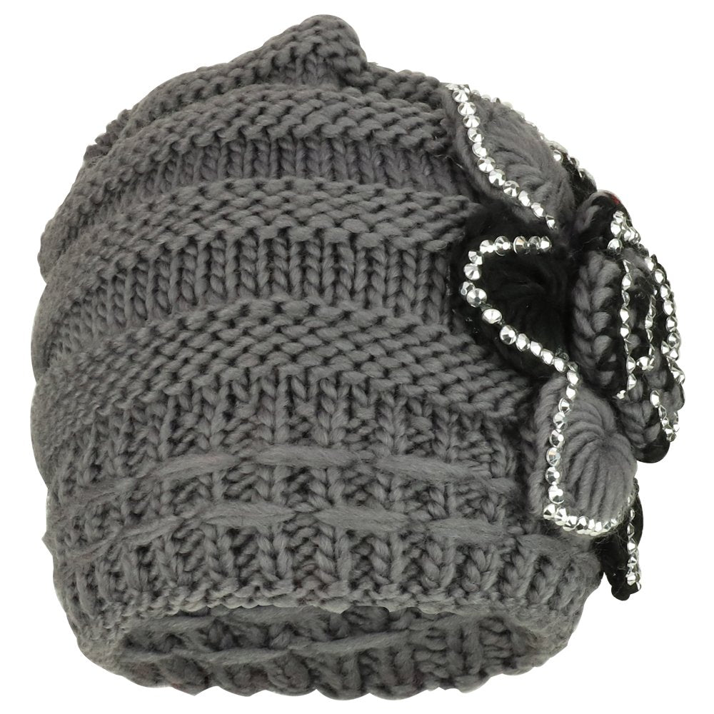 Trendy Apparel Shop Studded Floral Knitted Fleece Lined Beanie and Knit Scarf Set 2PC