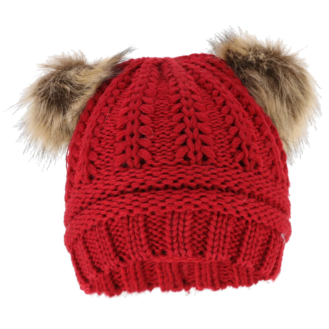 Trendy Apparel Shop Kid's Youth Size Girls Cable Knit Fur Pom Ears Beanie Hat