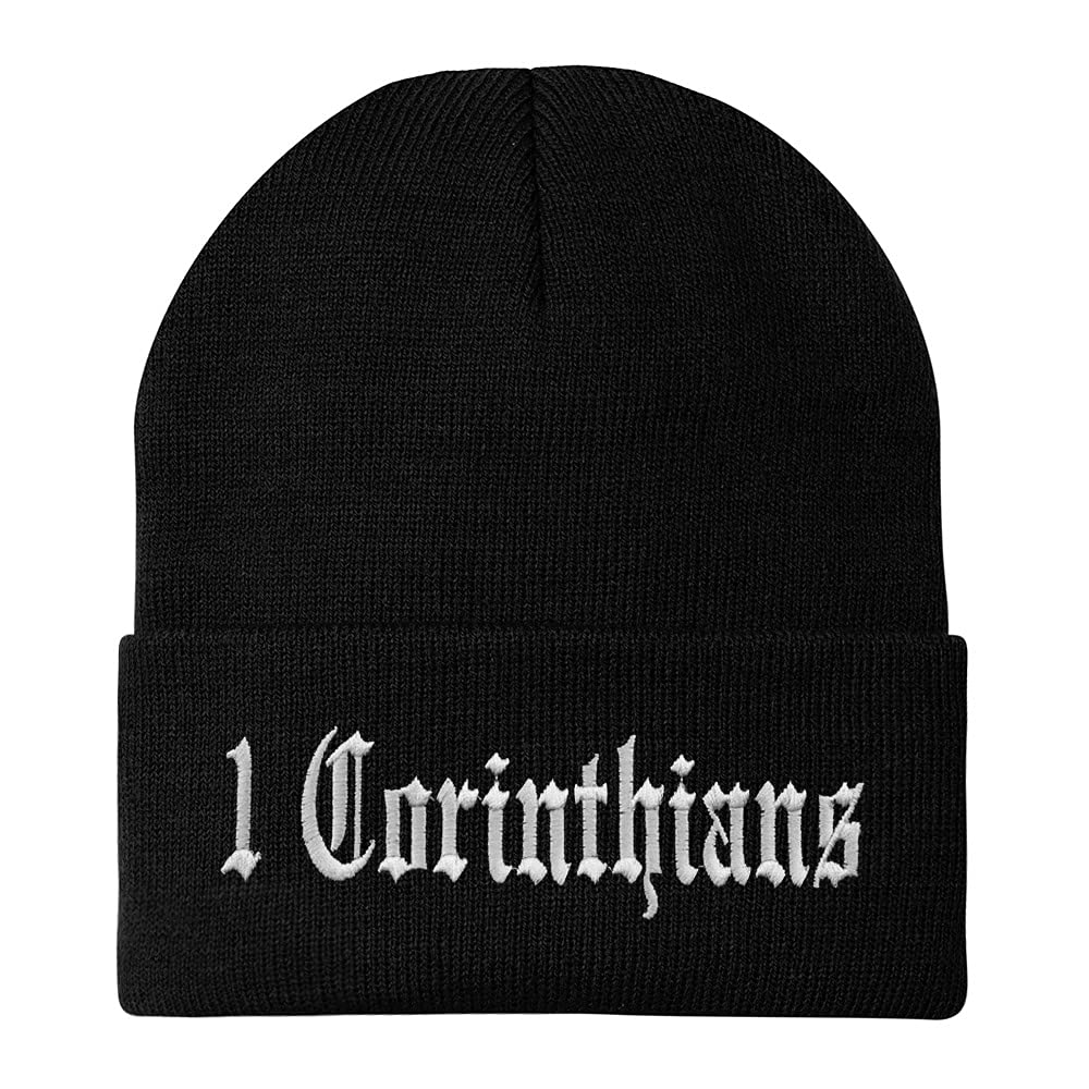 Trendy Apparel Shop 1 Corinthians Old English Embroidered Long Cuff Beanie