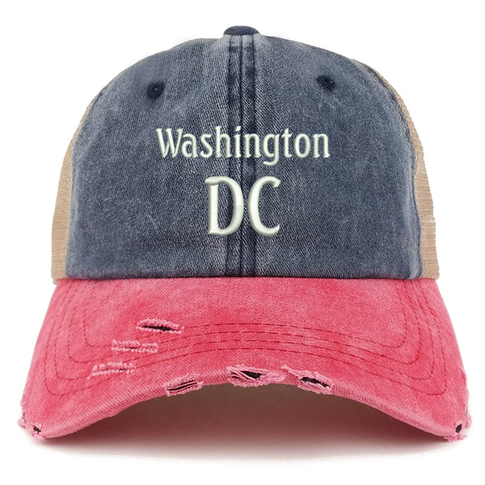 Trendy Apparel Shop Washington DC Embroidered Frayed Bill Trucker Mesh Back Cap