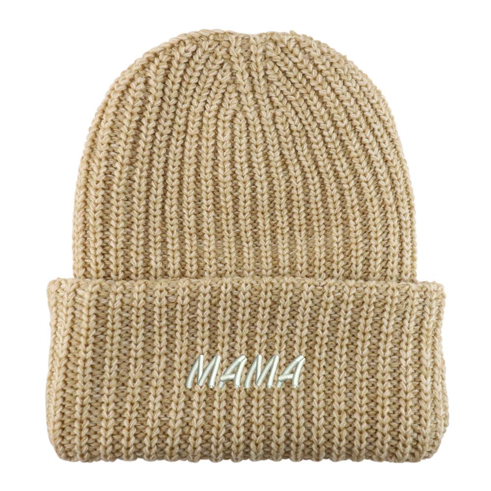 Trendy Apparel Shop Mama Embroidered Long Cuffed Thick Ribbed Knit Beanie