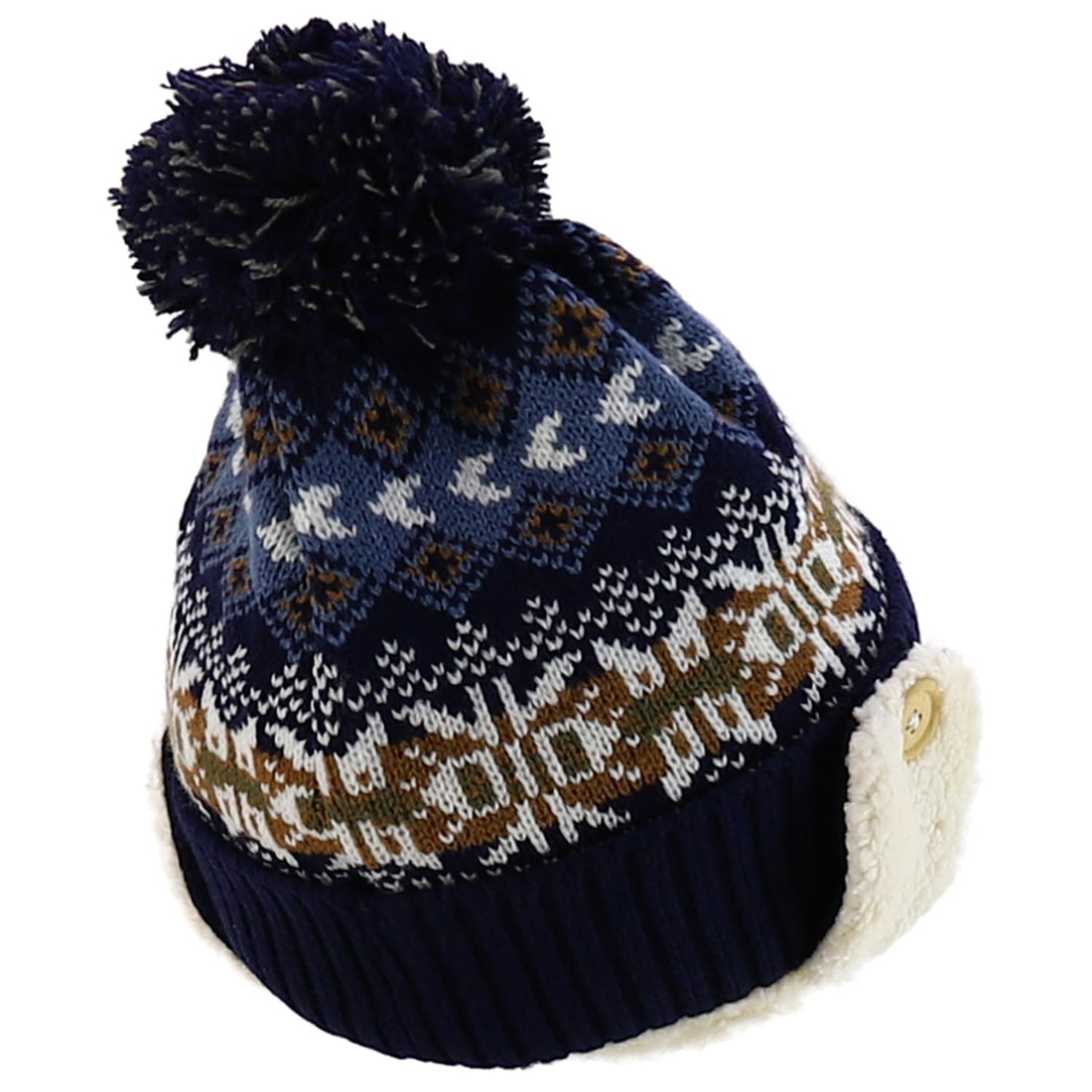 Trendy Apparel Shop Youth Size Kid's Warm Acrylic Brim Knit Winter Print Trapper Hat with Pom Pom