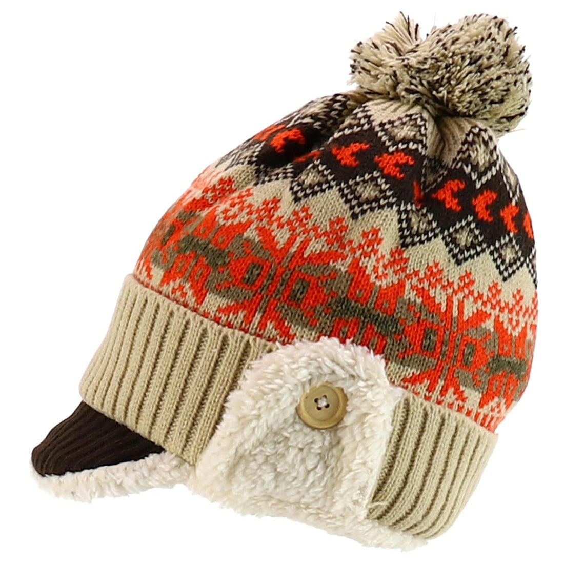Trendy Apparel Shop Youth Size Kid's Warm Acrylic Brim Knit Winter Print Trapper Hat with Pom Pom