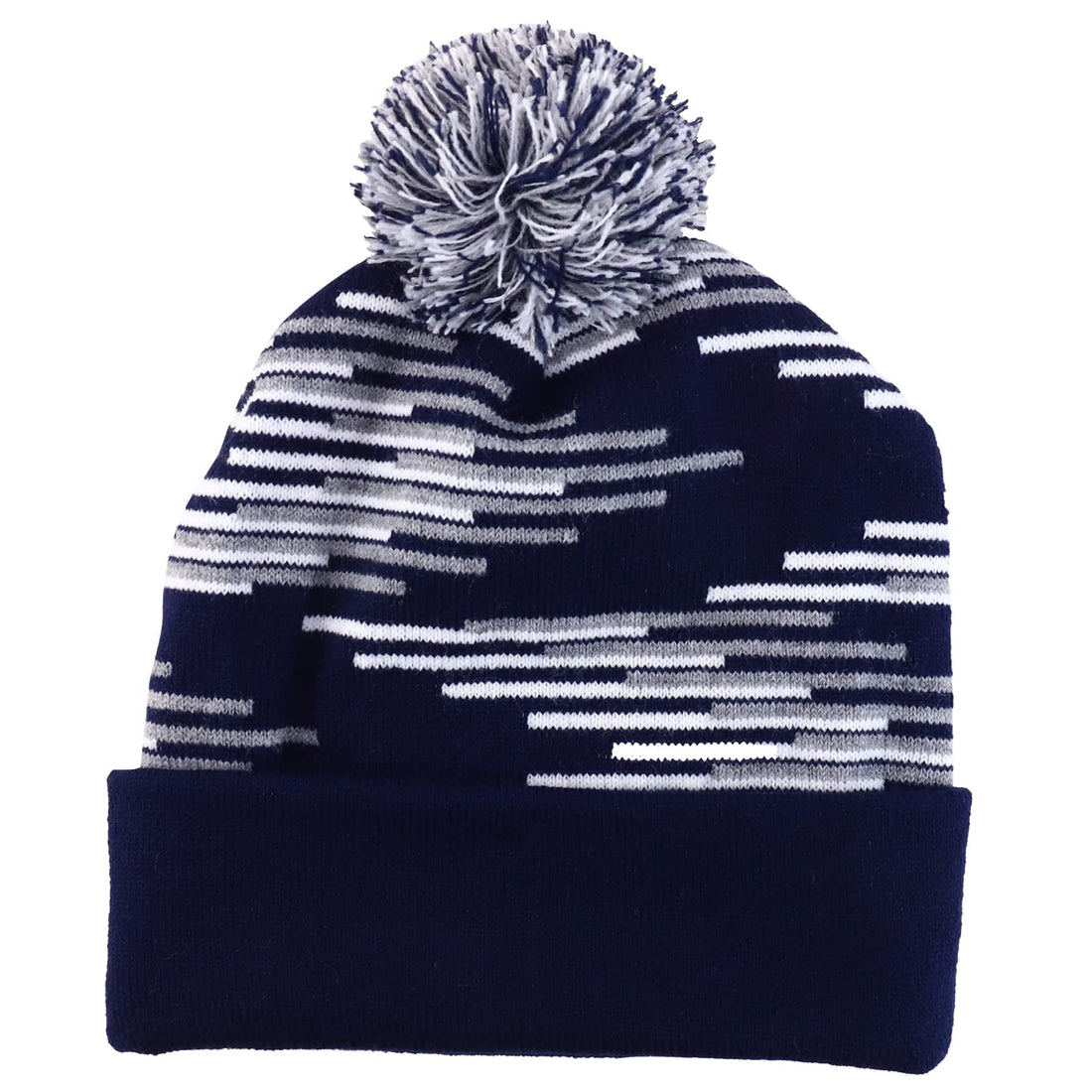 Trendy Apparel Shop Made in USA Staggered Bar Pattern Pom Pom Long Cuff Beanie