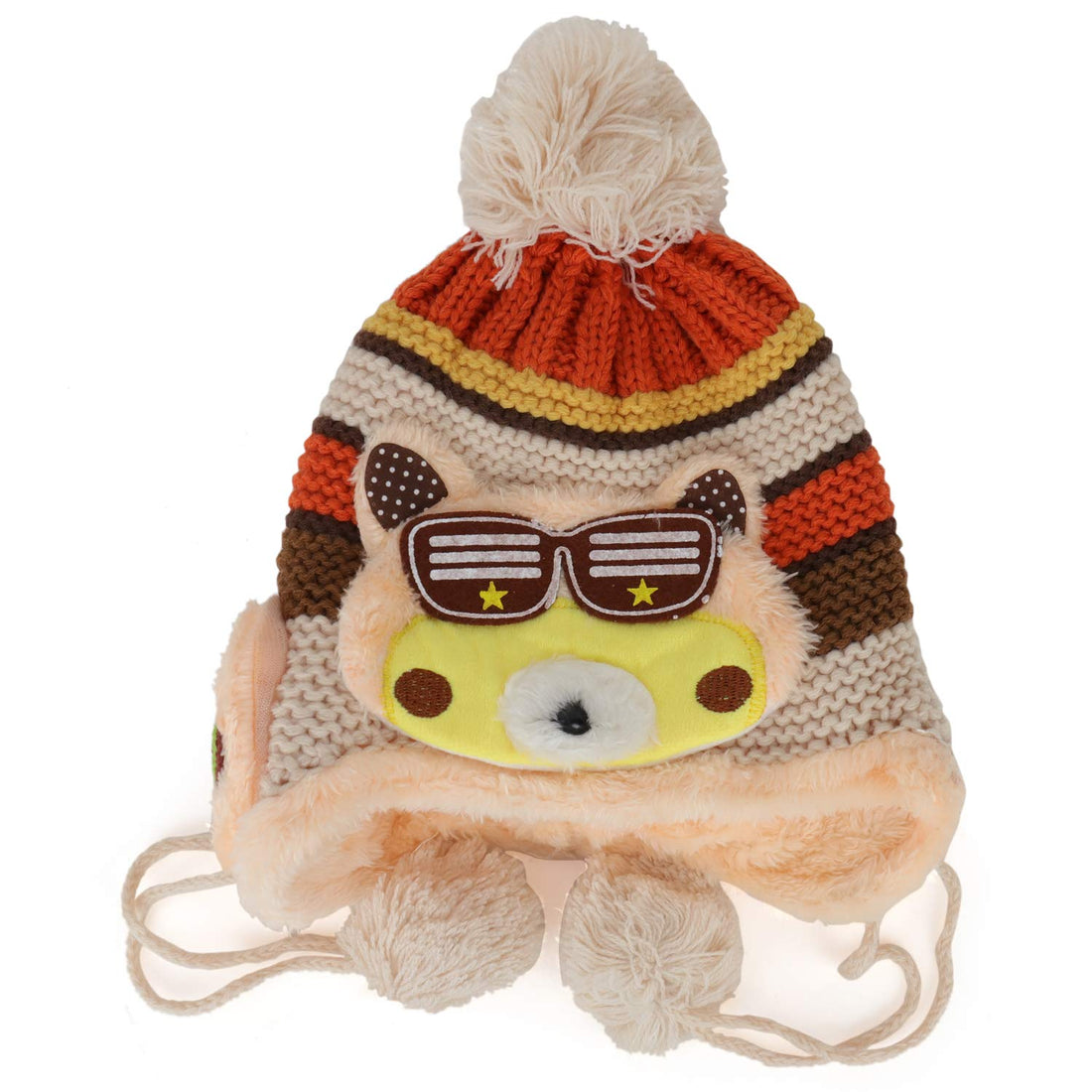 Trendy Apparel Shop Kid's Racoon Animal Fur Trimmed Pom Knit Beanie Hat