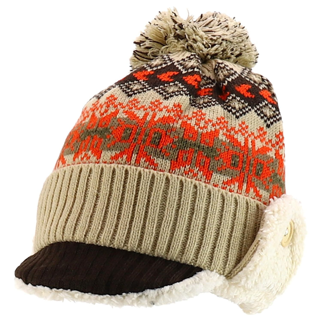 Trendy Apparel Shop Youth Size Kid's Warm Acrylic Brim Knit Winter Print Trapper Hat with Pom Pom