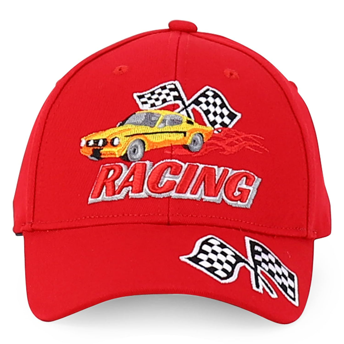 Trendy Apparel Shop Junior Kid Size Racing 3D Embroidered Flame Car Race Flag Baseball Cap - Red