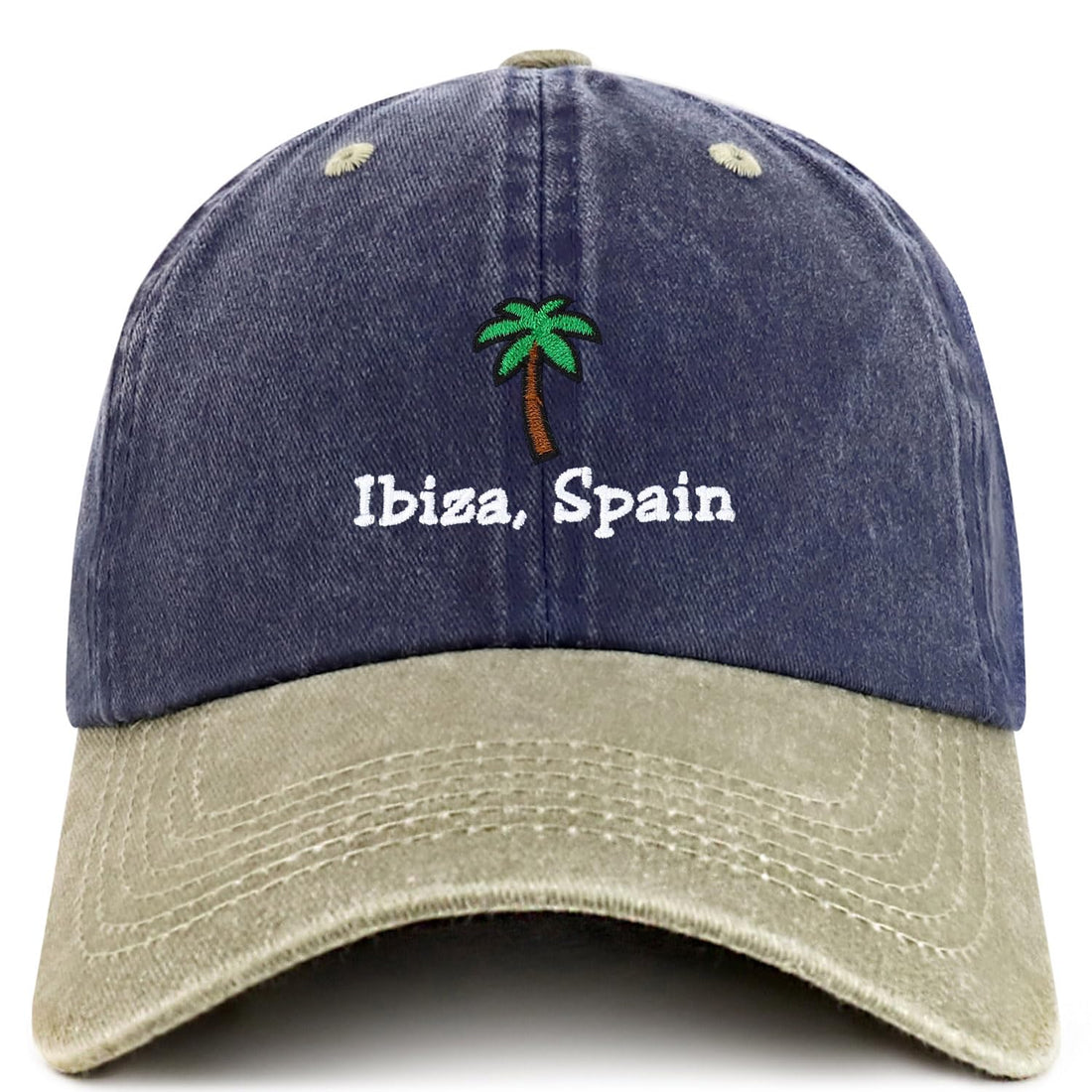 Trendy Apparel Shop Ibiza Spain with Palm Tree Embroidered Pigment Dyed Cotton Baseball Cap