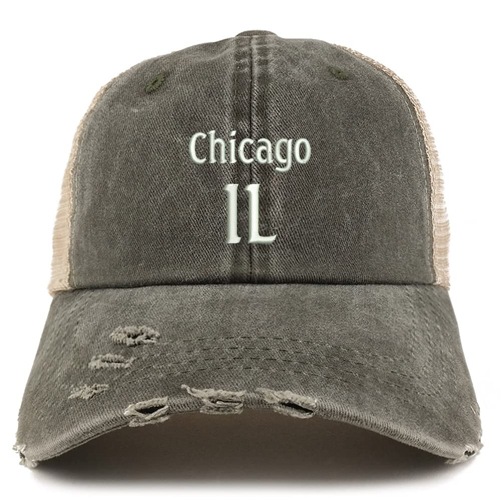 Trendy Apparel Shop Chicago IL Embroidered Frayed Bill Trucker Mesh Back Cap