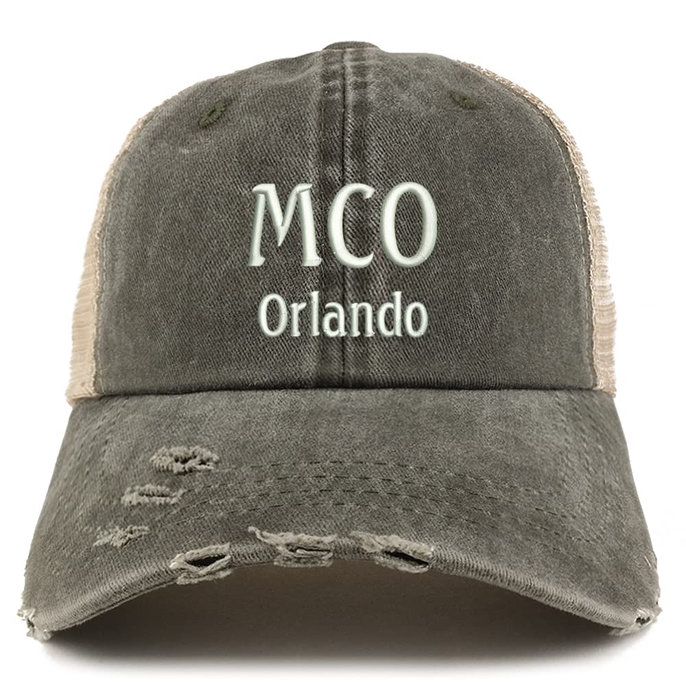 Trendy Apparel Shop MCO Orlando Embroidered Frayed Bill Trucker Mesh Back Cap