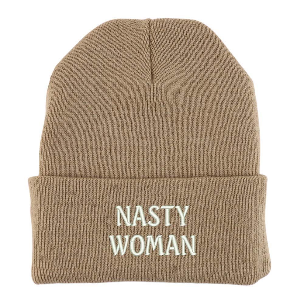 Trendy Apparel Shop Nasty Woman Embroidered Made in USA Cuff Folded Acylic Knit Winter Beanie Hat