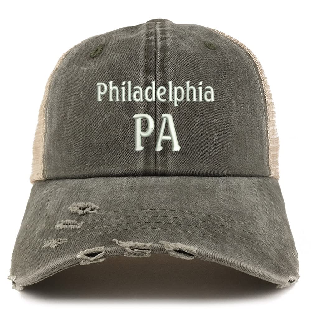 Trendy Apparel Shop Philadelphia PA Embroidered Frayed Bill Trucker Mesh Back Cap