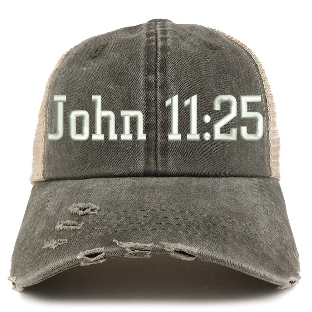 Trendy Apparel Shop John 11:25 Frayed Bill Trucker Mesh Back Cap