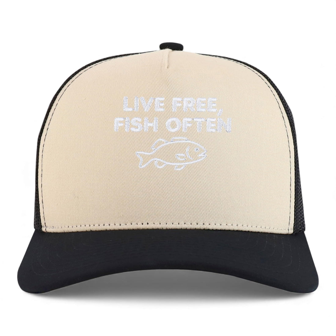 Trendy Apparel Shop Live Free, Fish Often Embroidered 5 Panel Snapback Trucker Cap