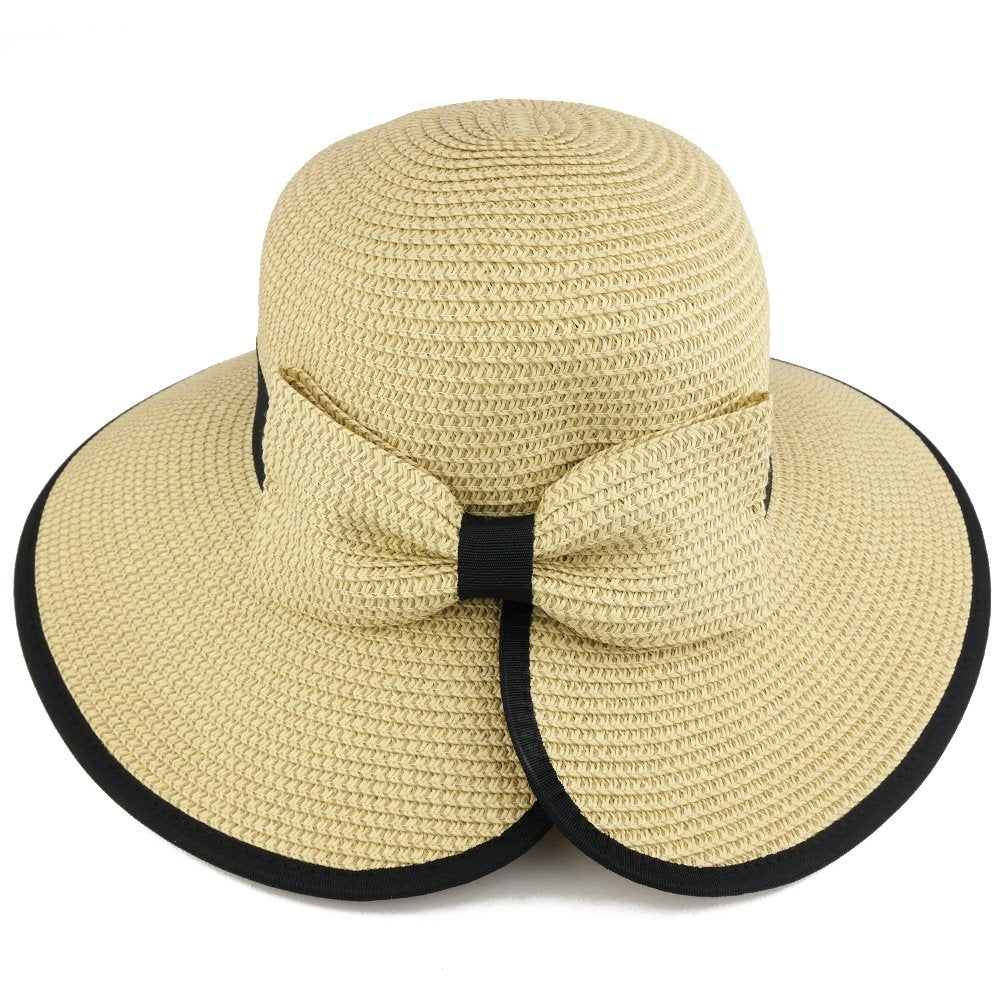 Trendy Apparel Shop UPF 50+ Ladies Split Brim Paper Braid Tweed Hat with Bow