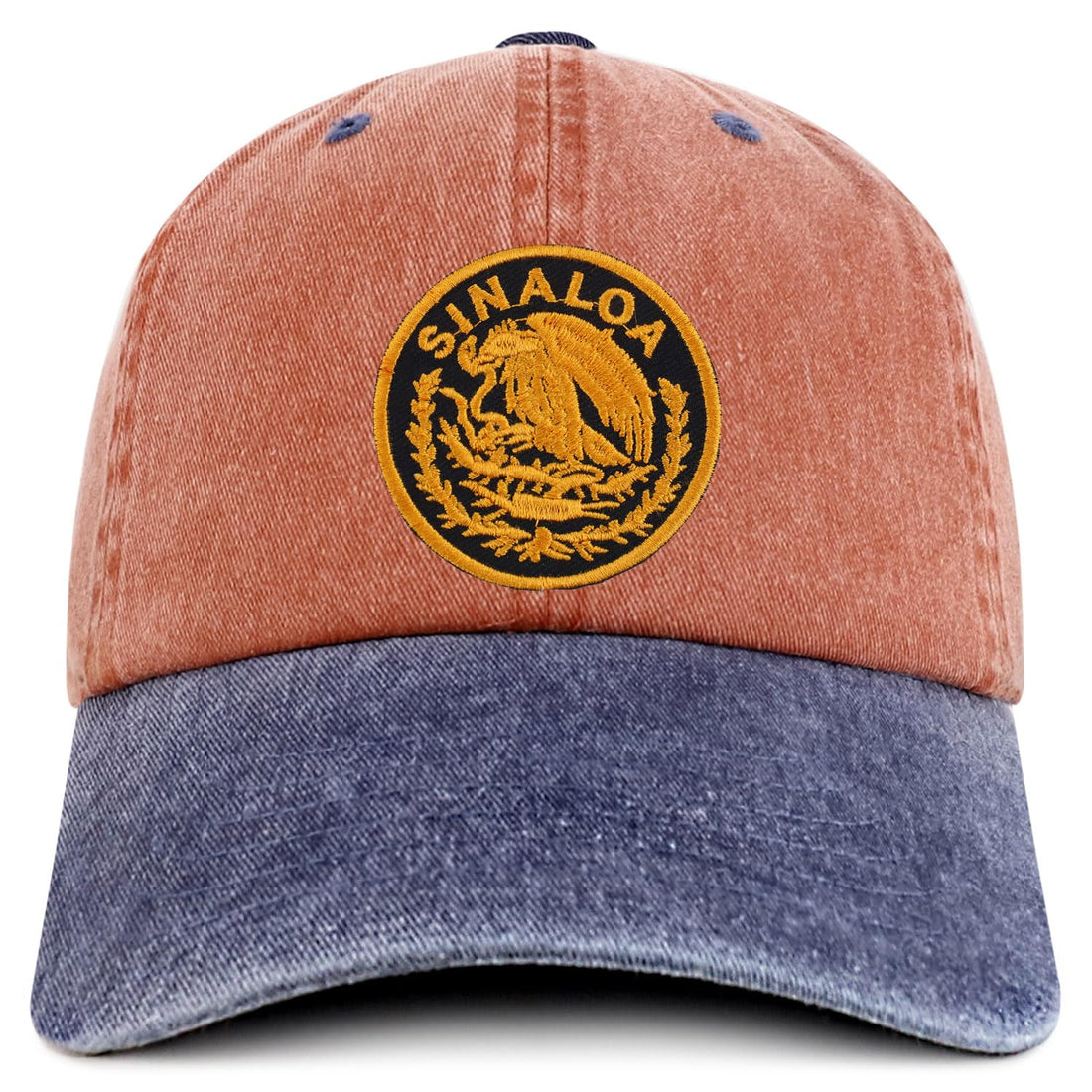 Trendy Apparel Shop Sinaloa Mexico Gold Embroidered Patch Pigment Dyed Washed Baseball Cap