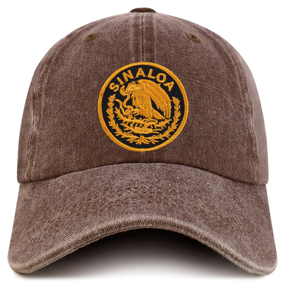 Trendy Apparel Shop Sinaloa Mexico Gold Embroidered Patch Pigment Dyed Washed Baseball Cap