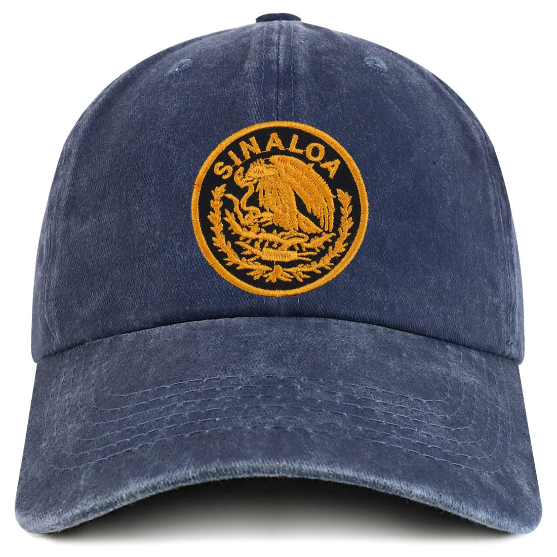Trendy Apparel Shop Sinaloa Mexico Gold Embroidered Patch Pigment Dyed Washed Baseball Cap