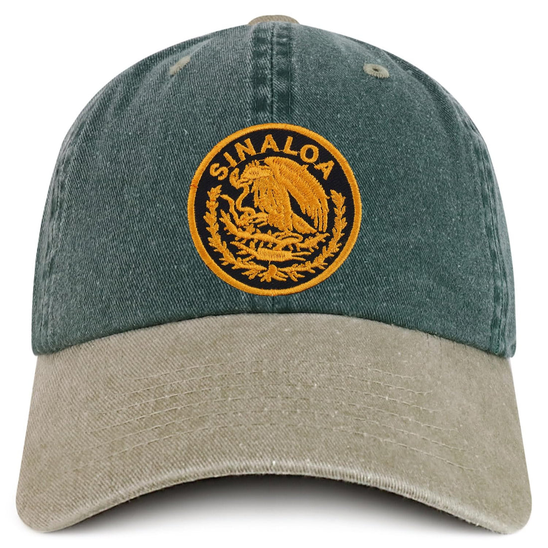 Trendy Apparel Shop Sinaloa Mexico Gold Embroidered Patch Pigment Dyed Washed Baseball Cap