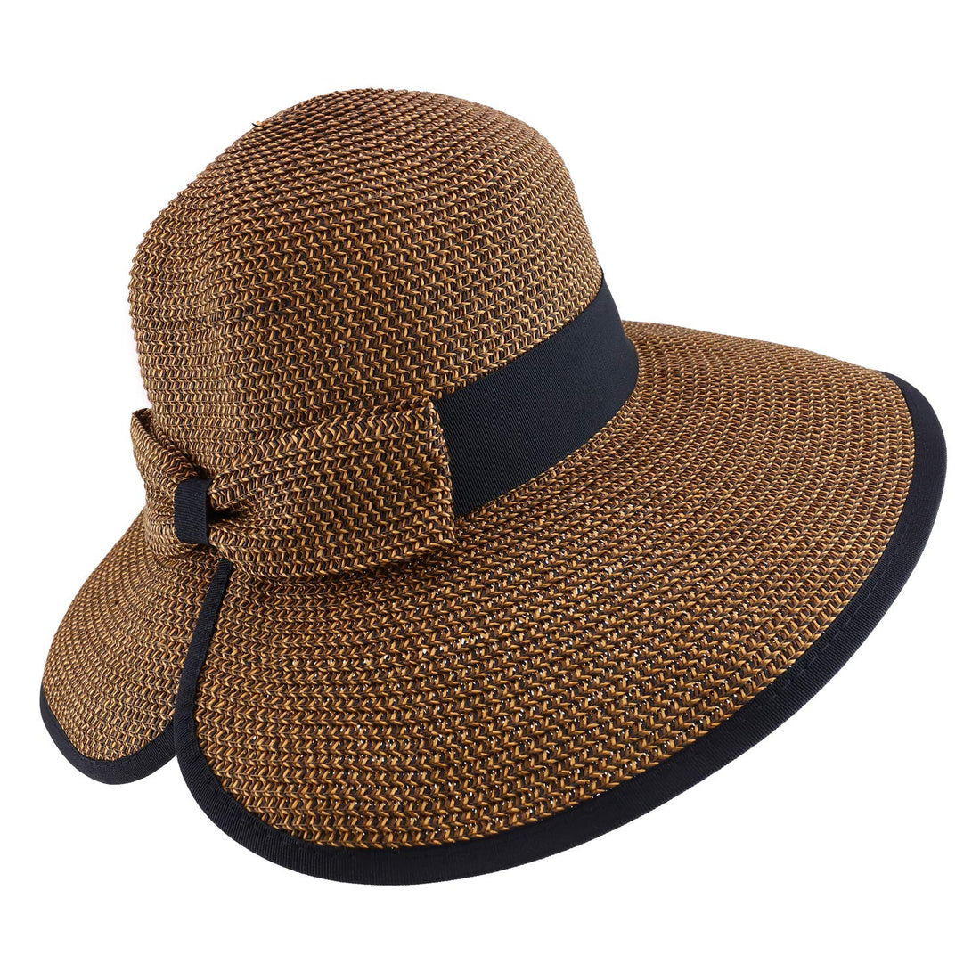 Trendy Apparel Shop UPF 50+ Ladies Split Brim Paper Braid Tweed Hat with Bow