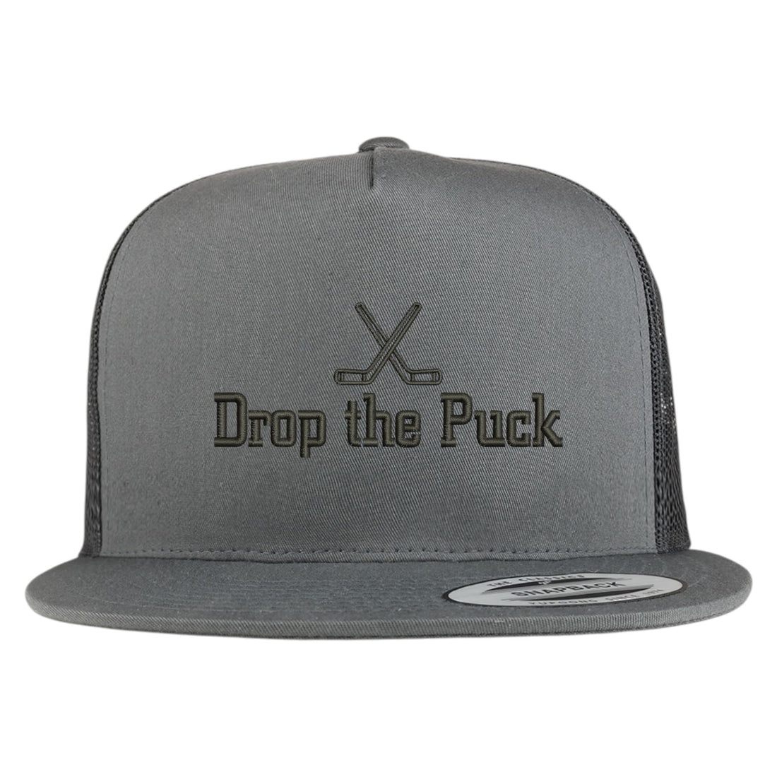 Trendy Apparel Shop Drop the Puck Embroidered 5 Panel Flatbill Trucker Mesh Cap