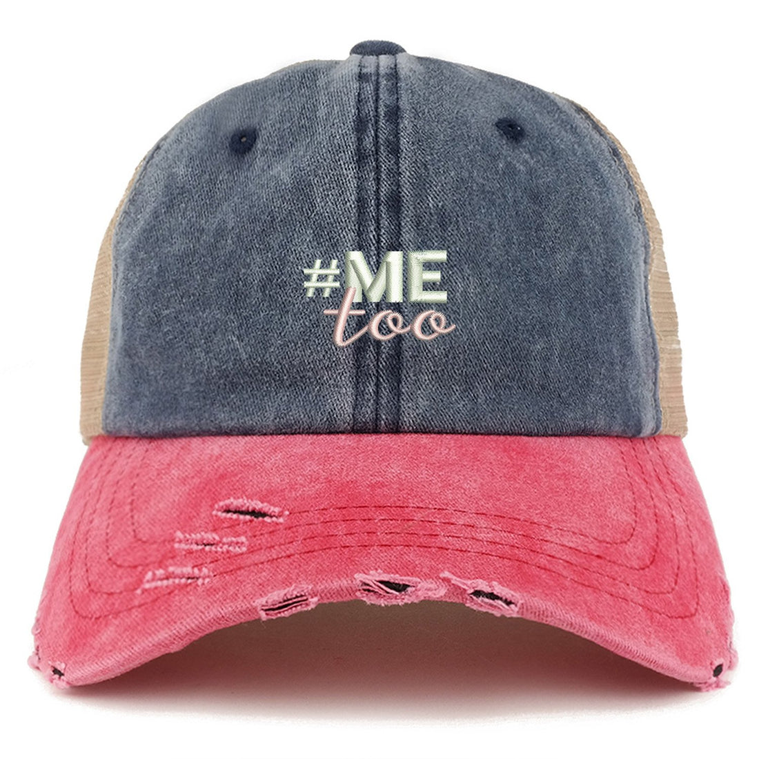 Trendy Apparel Shop #Me Too Movement Embroidered Frayed Bill Trucker Mesh Cap