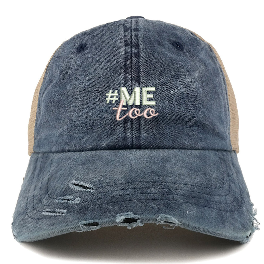 Trendy Apparel Shop #Me Too Movement Embroidered Frayed Bill Trucker Mesh Cap